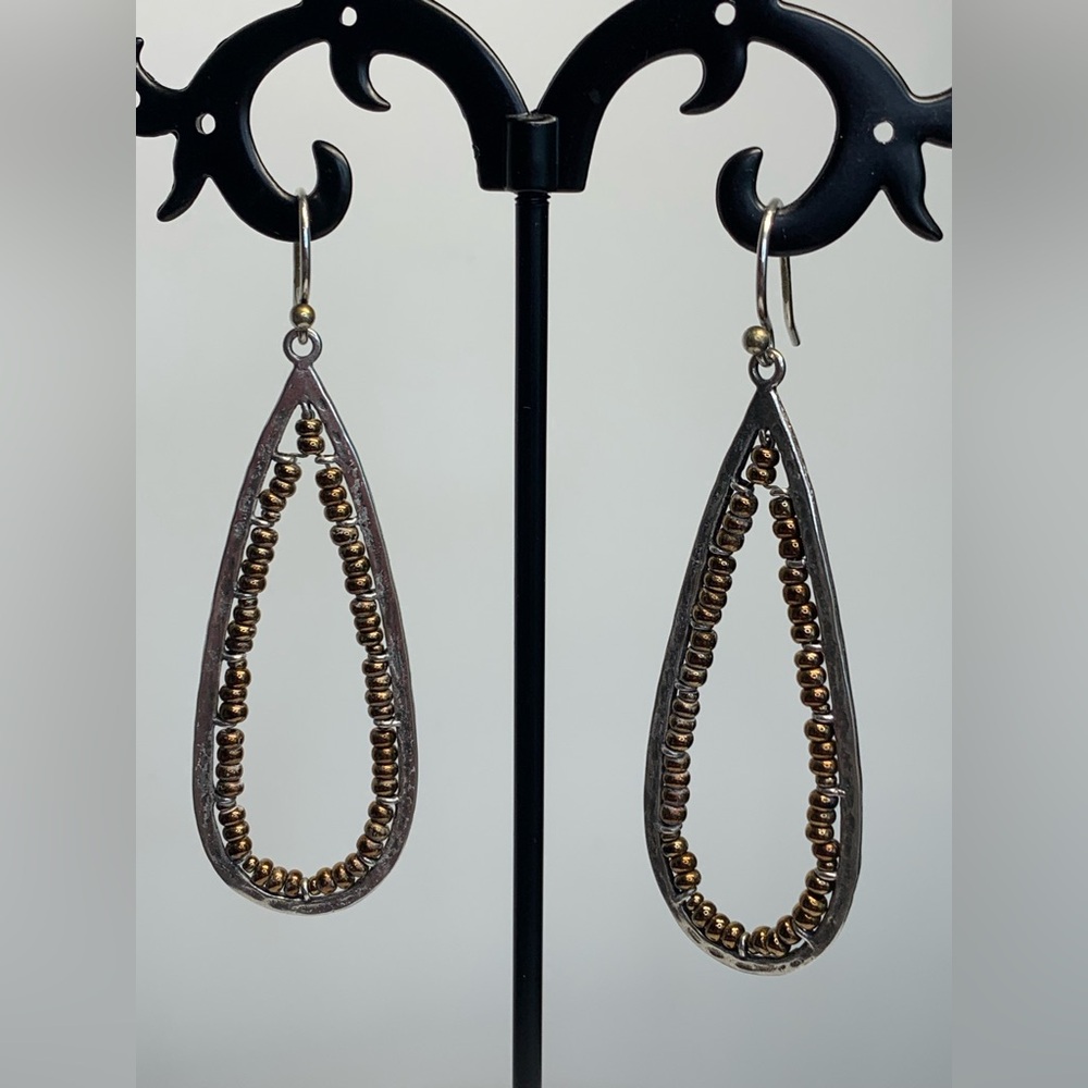 Silpada Vintage Sterling Silver & Bronze Seed Bead Long Teardrop Hoop Earrings